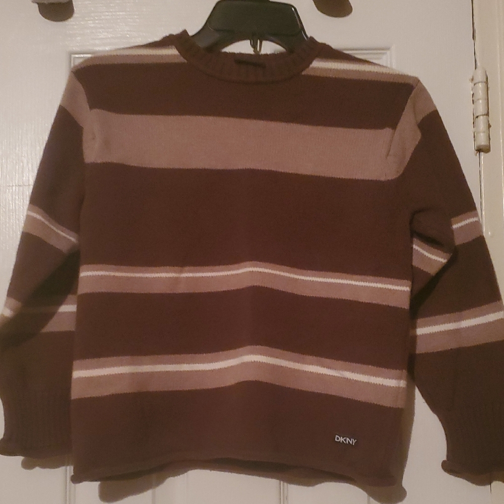 DKNY Boy's Brown and Tan Striped Crewneck Sweater